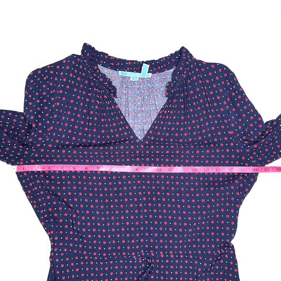 Draper James Printed Popover Tie Dress in Nassau Navy Blue Red Floral Polka Dot - Picture 14 of 16